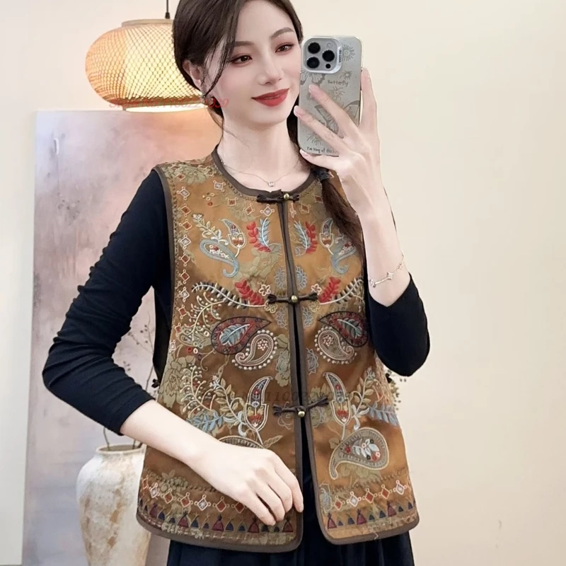 2025 الصينية خمر hanfu القمم الرجعية الساتان الجاكار س الرقبة سترة الوطنية زهرة التطريز جاكيت بلا إكمام سترة الشعبية العرقية #6