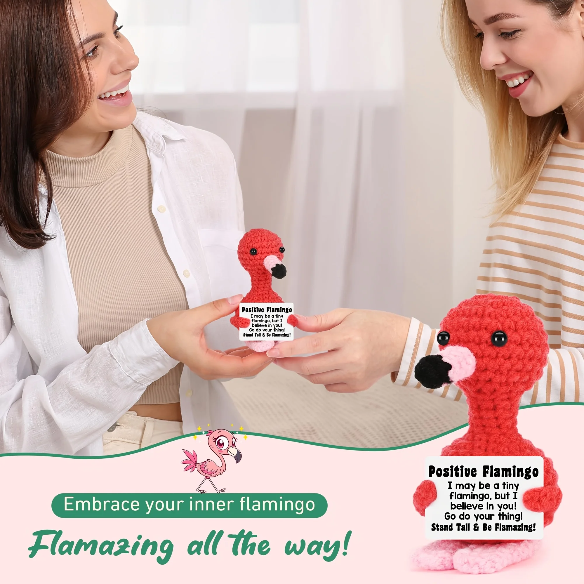 1pc Mini Positive Crochet Flamingo Handmade Inspirational Gift Soft Fabric Home Decor for Christmas Birthdays Parties Doll