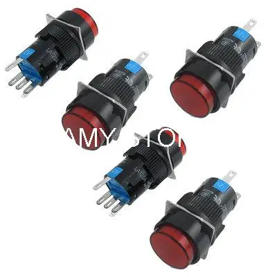 

5 x Red Round Cap 5 Pins AC 250V 5A Momentary Spring Returned 1NO 1NC Panel Push Button Switch Lamp Light 12V 16mm Mounting Hole