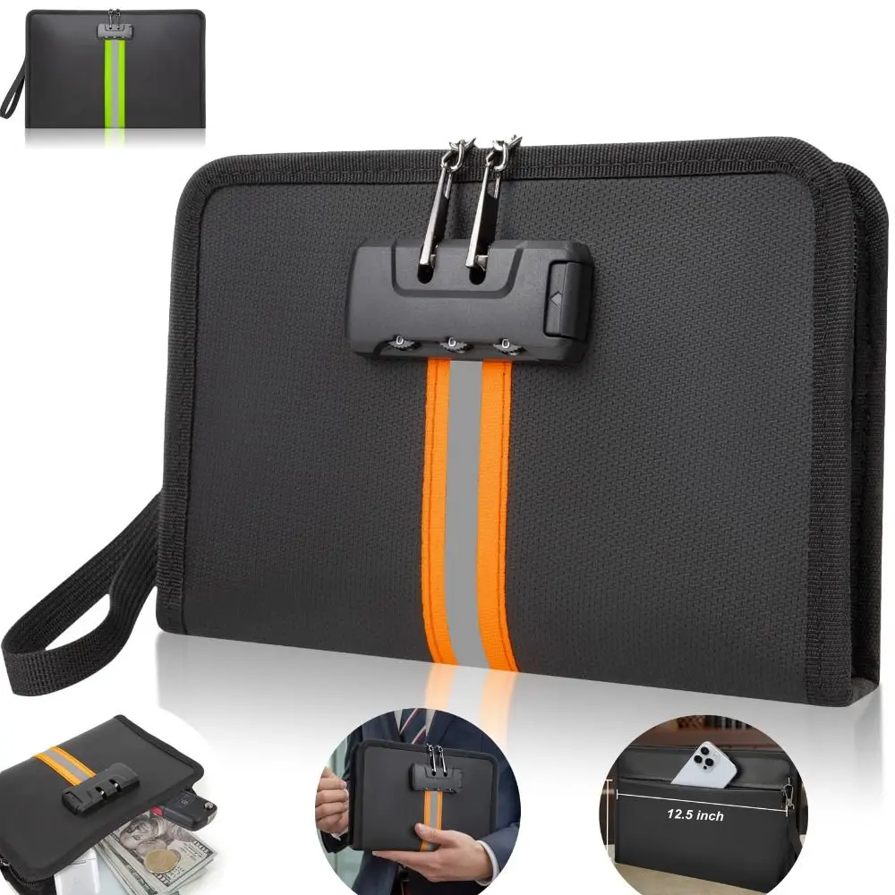 Fireproof Money Bag with Combination Lock Waterproof Black Security Bag for Cash Portable with Zip Document Safe Bag Travel