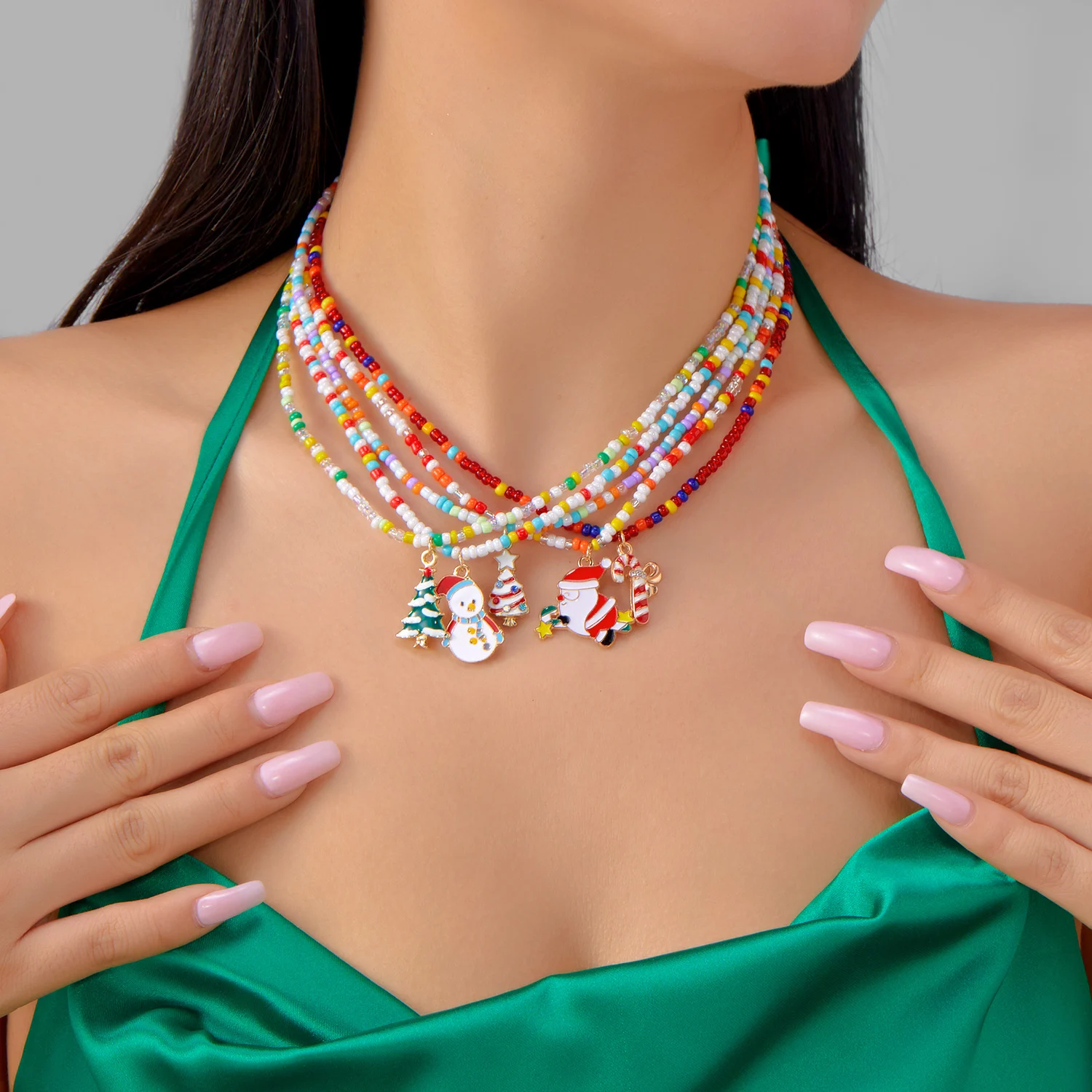 

Christmas Santa Claus Tree Snowman Pendant Necklace Set for Women Girl Handmade Colorful Beads Chain Necklace Friendship Jewelry