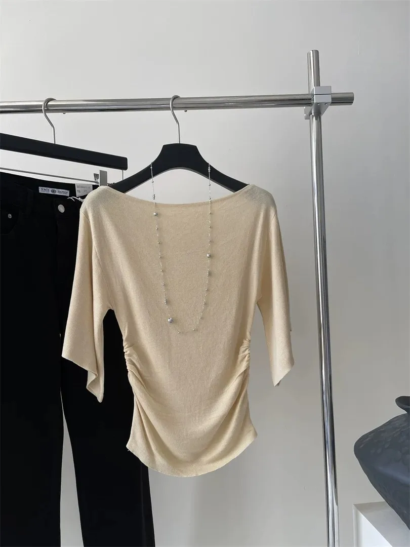 Fotografia 4: Blusa Feminina Elegante de Tricô com Um Ombro Só, Manga Romântica, Sofisticada e Chique, Estilo Casual e Moderno