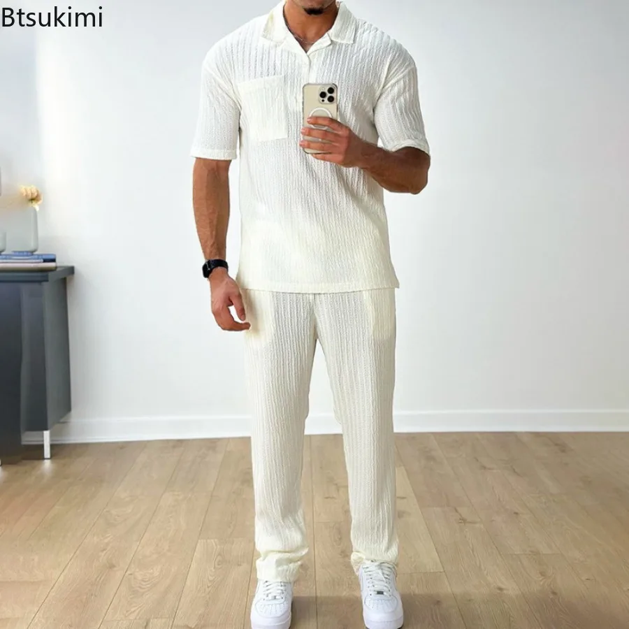 

2025 Новая мужская повседневная одежда, весенне-летние спортивные костюмы, модные однотонные рубашки-поло с короткими рукавами и брюки, комплекты из двух предметов для мужчин