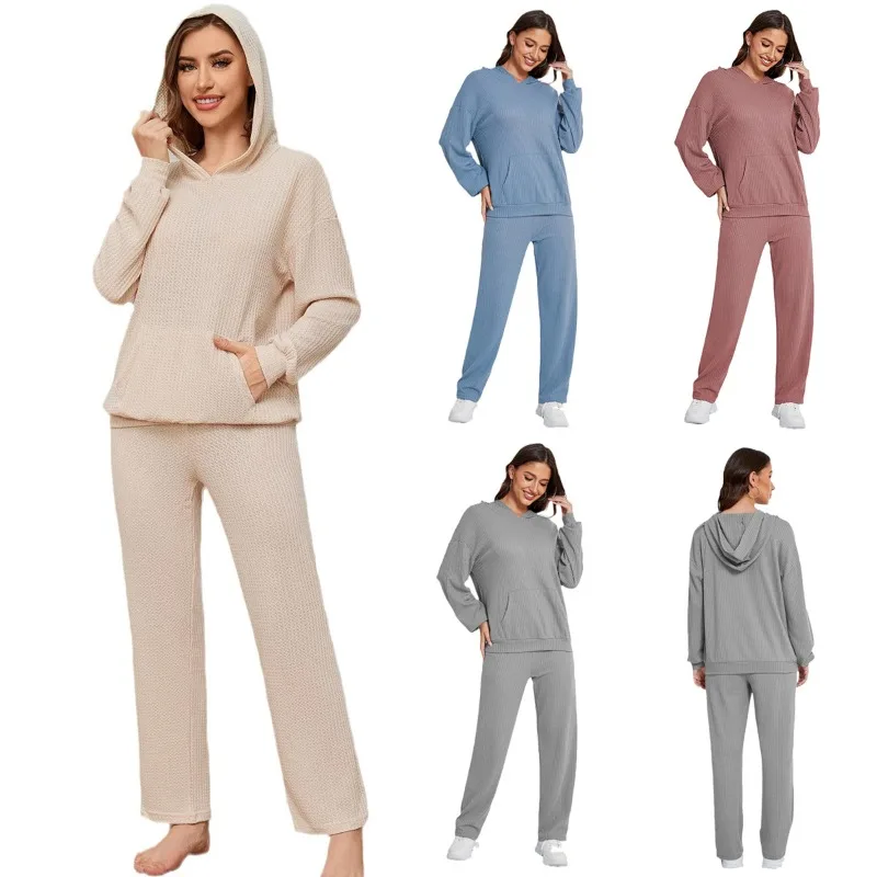 

Women's Waffle Knit Lounge Set Hooded Long Sleeve Pants 2 Piece Oversized Comfort Loungewear Cozy Home Outfit Comfort Oversized