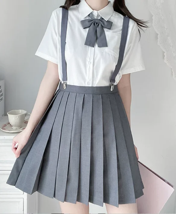 JK Uniform Strap Skirt Summer Age Reduction Short Sleeve White Shirt Fashion High Waist A-line Versatile Japanese Pleated Skirts