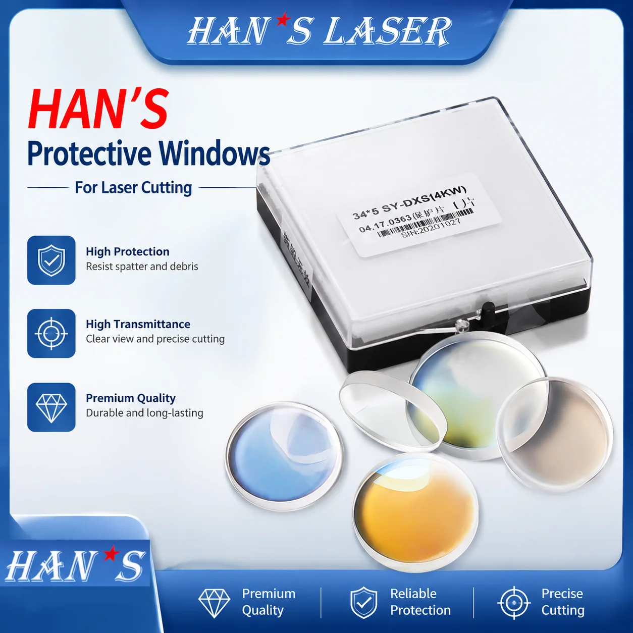HAN'S Laser Protective Window Lens for Laser Cutting Head 34×5 37×7 42×4 55×9mm Compatible 04.17.0000056 04.17.0000727
