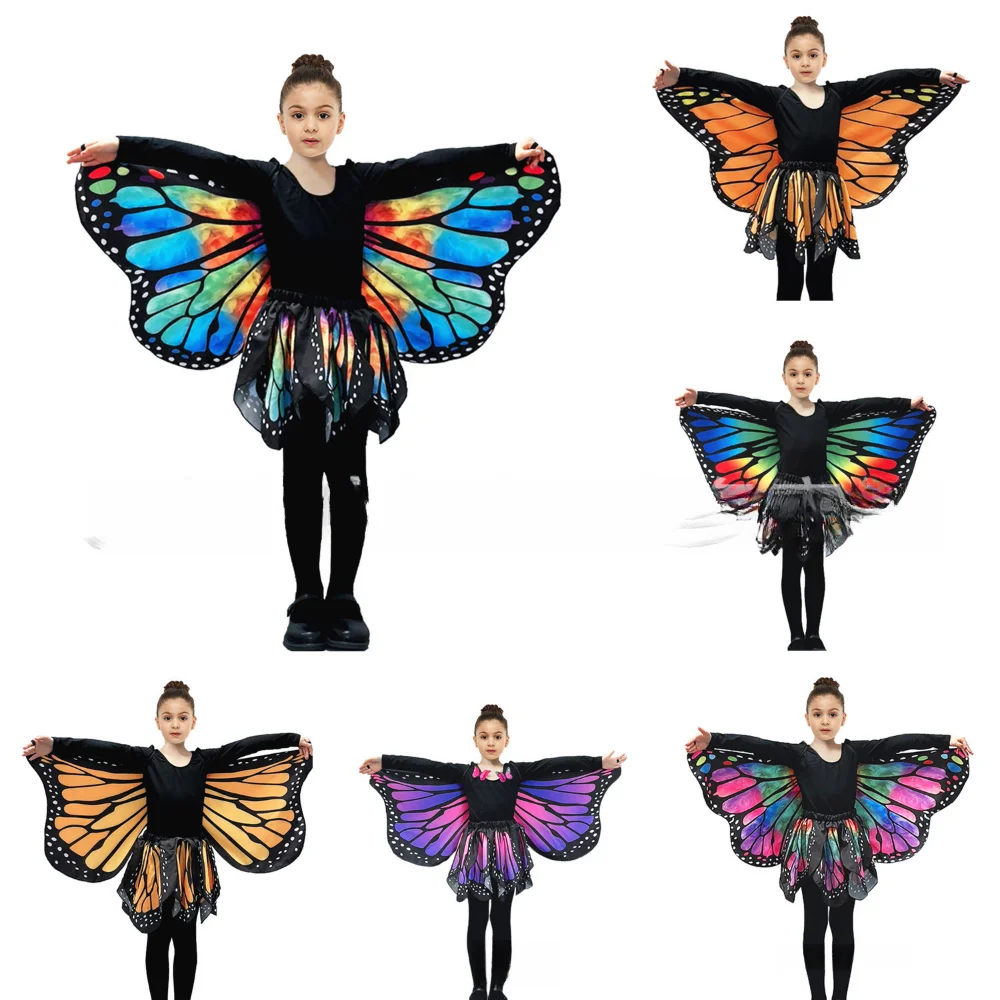 Girl Butterfly Costume Chiffon Wings Skirt Dress Up Play Party Favors Fairy Halloween Butterfly-Wings Double Side Print Monarch