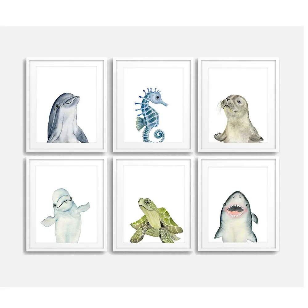 Set of 6 Ocean Nursery Painting Canvas Sea Gender Prints Painting Baby Seal Art On The Wall Animal Picture Poster for Room Decor