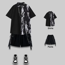 Arens Techwear Men's Summer Suit Vintage Black Tie-Dye Chain Shirt+Cargo Pants Splicing Blouse Jacket Short-Sleeved Chain Shorts
