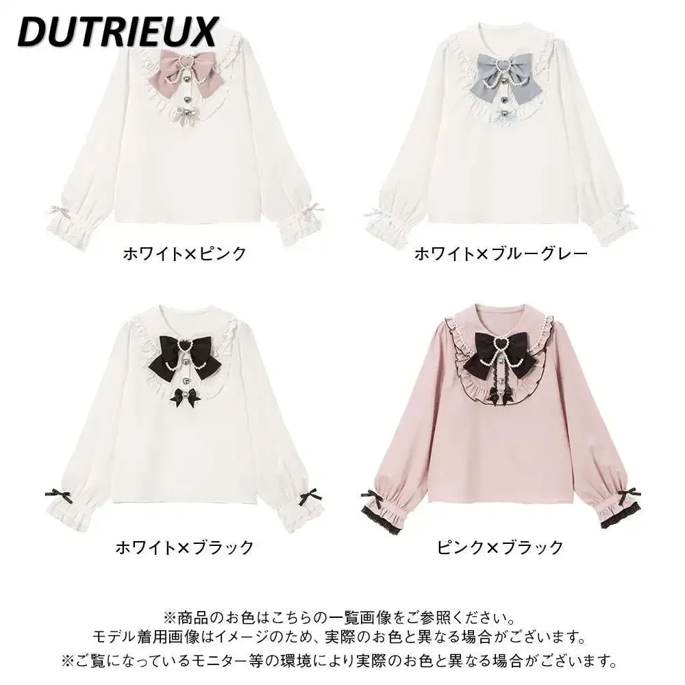 Japanese Style Sweet Blouse Kawaii Girls 2024 Summer New Bow Doll Collar Ruffled Underwear Shirt Preppy Style Camisas De Mujer