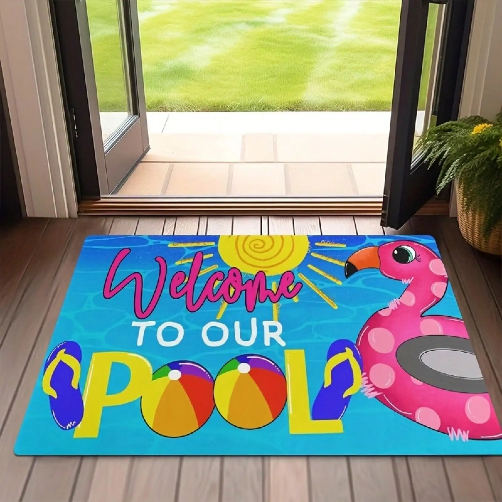 Summer Pool Party Door Mat - Flamingo Sun Beach Ball Flip Flop Welcome Non-Slip Rug, Outdoor Entry Mat for Patio, Multiple Sizes
