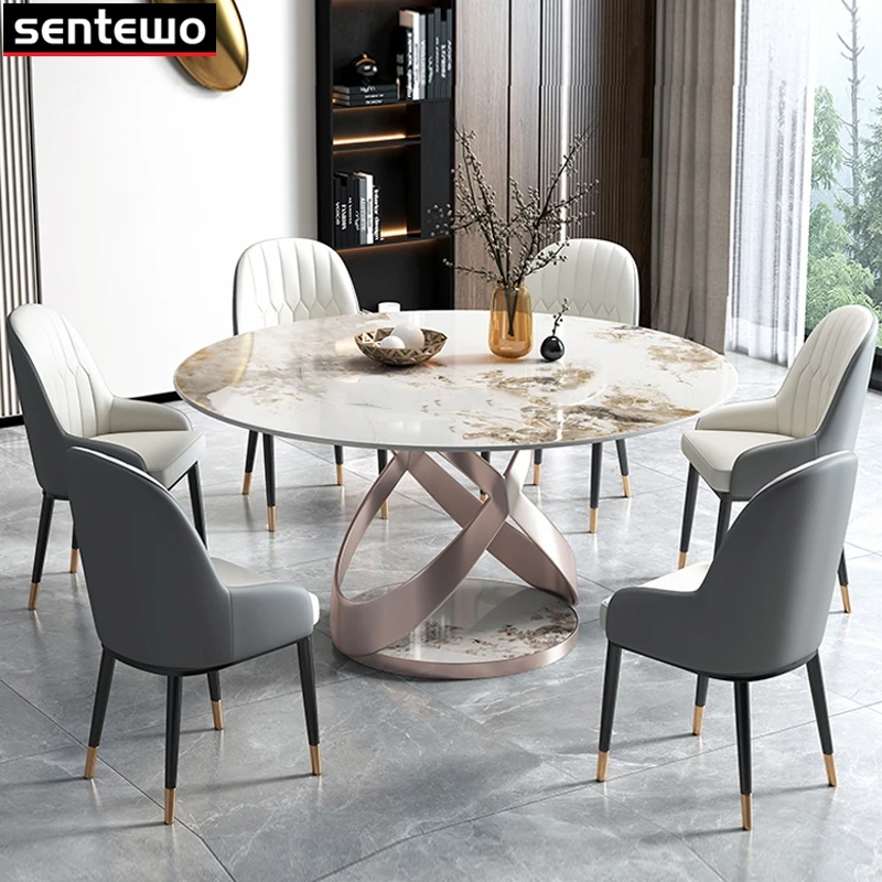 Designer Luxury Round Dinner Marble Rock Slab Dining Table Set 4 Chairs Mesa De Jantar Eettafel Marbre Stainless Steel Gold Base