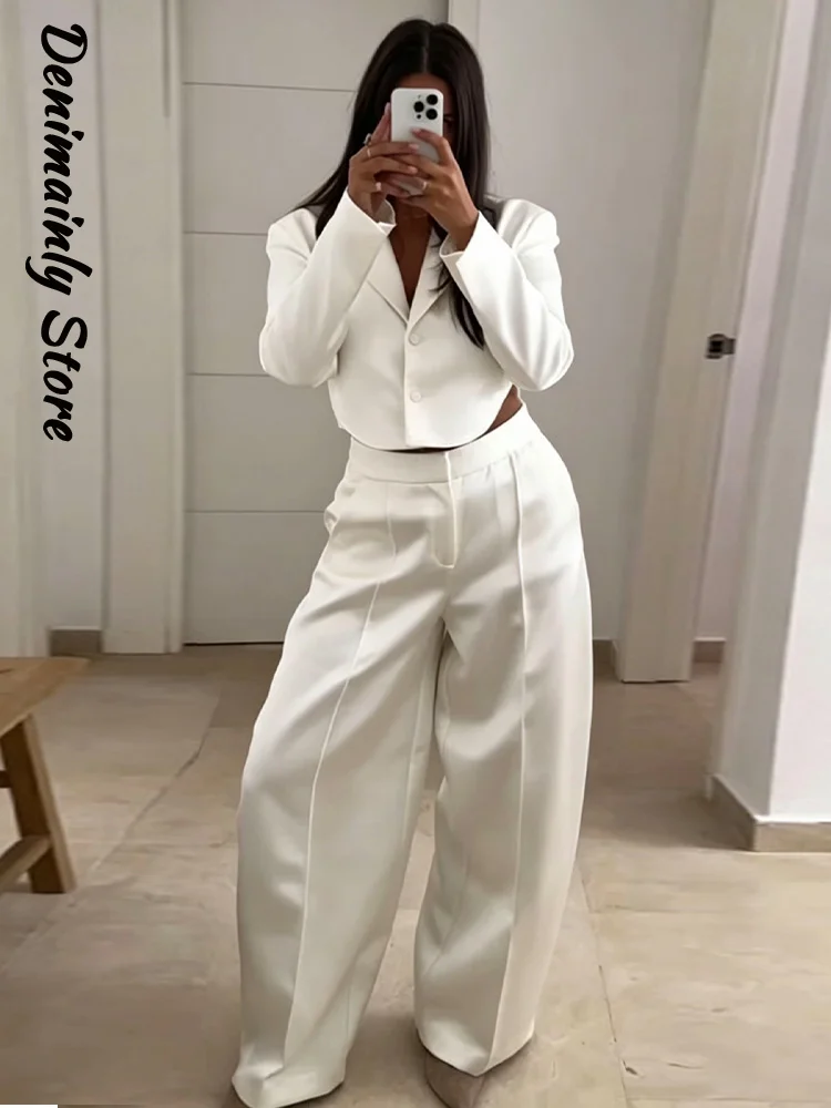 

Fashion Cropped Blazer Women's Pants Set Lapel Backless Short Jacket Wide Leg Long Pant 2026 Spring Summer Lady Commute Suits