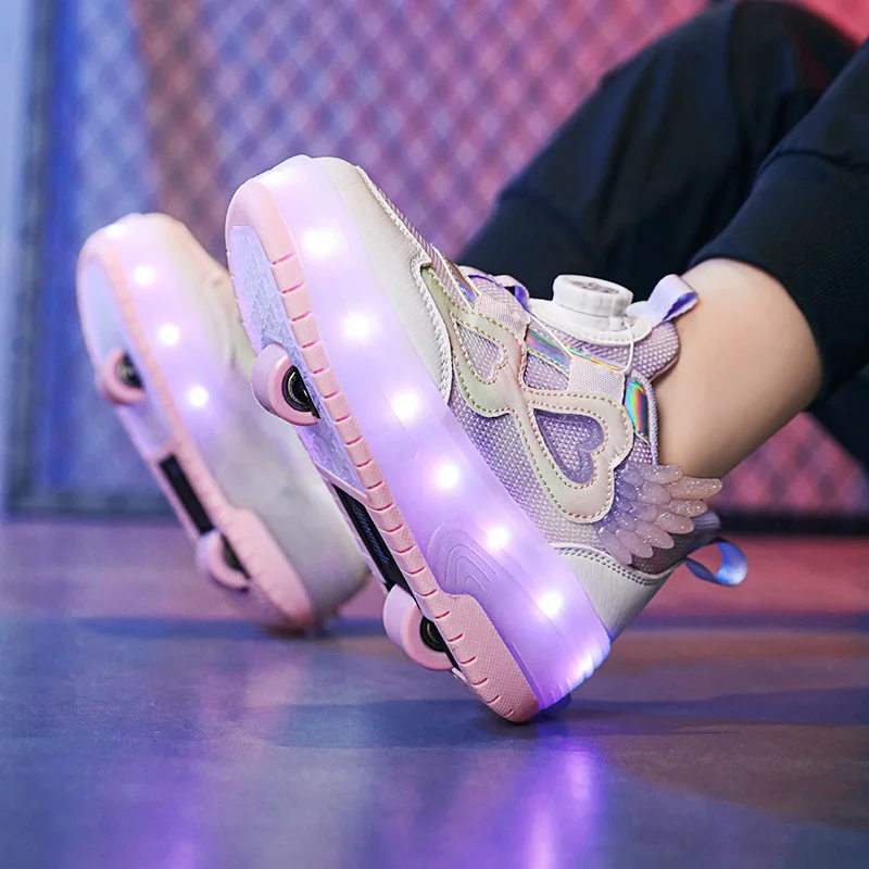 

Swivel Button Two Wheels Children LED Shoes Fashion Kids Roller Skates Breathable Girls & Women Sneakers Size 29-38