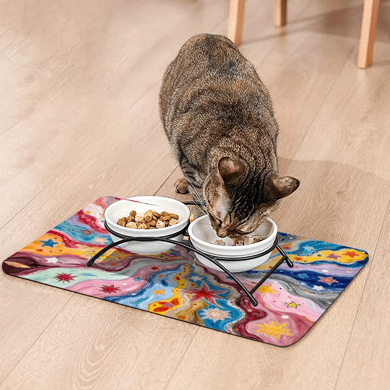 The 1pc Multi-Size Pet Feeding Mat Featuring a Psychedelic Galaxy Pattern Is Highly Absorbent, Making It Ideal for Food
