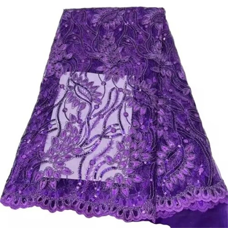 

Latest purple French Mesh Lace Fabric Heavy Sequins Embroidery African Tulle Lace Fabric For Nigeria Wedding Party Sequins