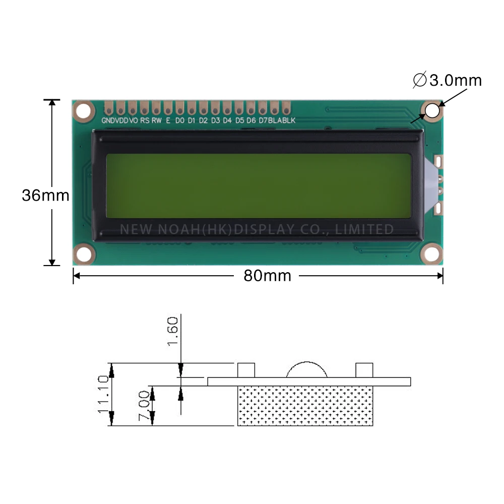 Gelbgrüner Film 1602a Zeichen LCD-Bildschirm 02*16 LCD 16-Pin-Controller st7066 1,5 Zoll Support-Schema Entwicklung