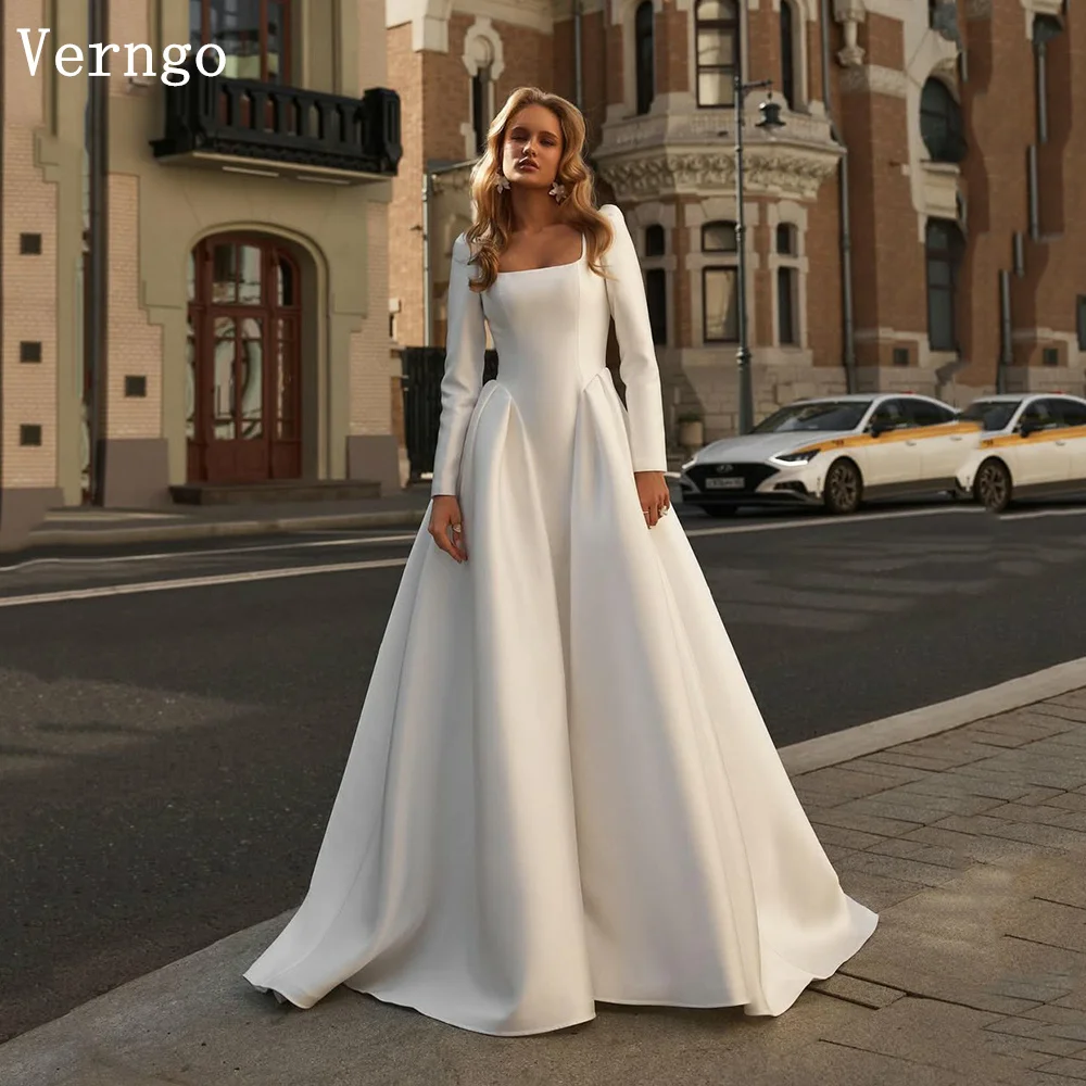 

Verngo Simple Modest Satin Wedding Dress Square Collar Full Sleeves A Line Birde Drss For Women Classic Bridal Gown Customized