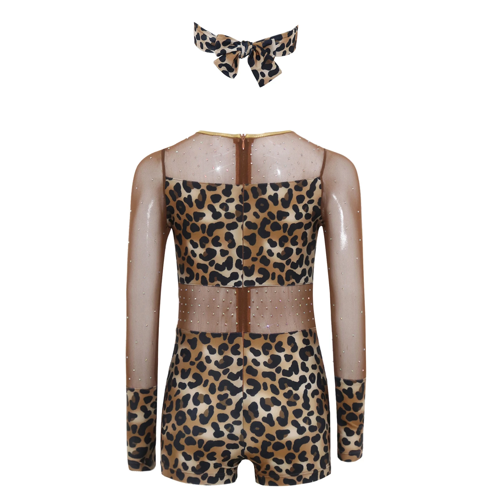 Kinder Mädchen Strass Leopardenmuster Jumpsuit für Ballett, Halloween Höhlenmenschen-Kostüm, Reißverschluss Metallic-Besatz Bodysuit – Detail 15