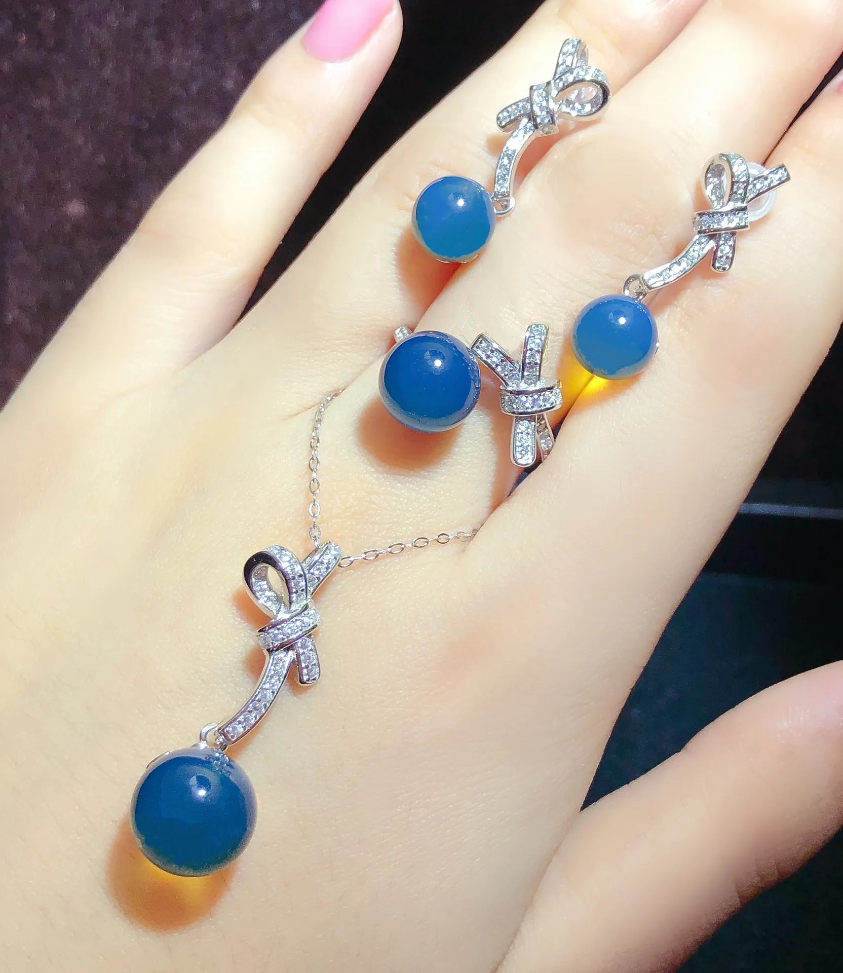 

RomanticBlue AmberJewelry Trio SetFloral Silver Pendant 10mm Earrings 8mm Ring 9mm Baltic Amber Gift forHer ValentineAnniversary