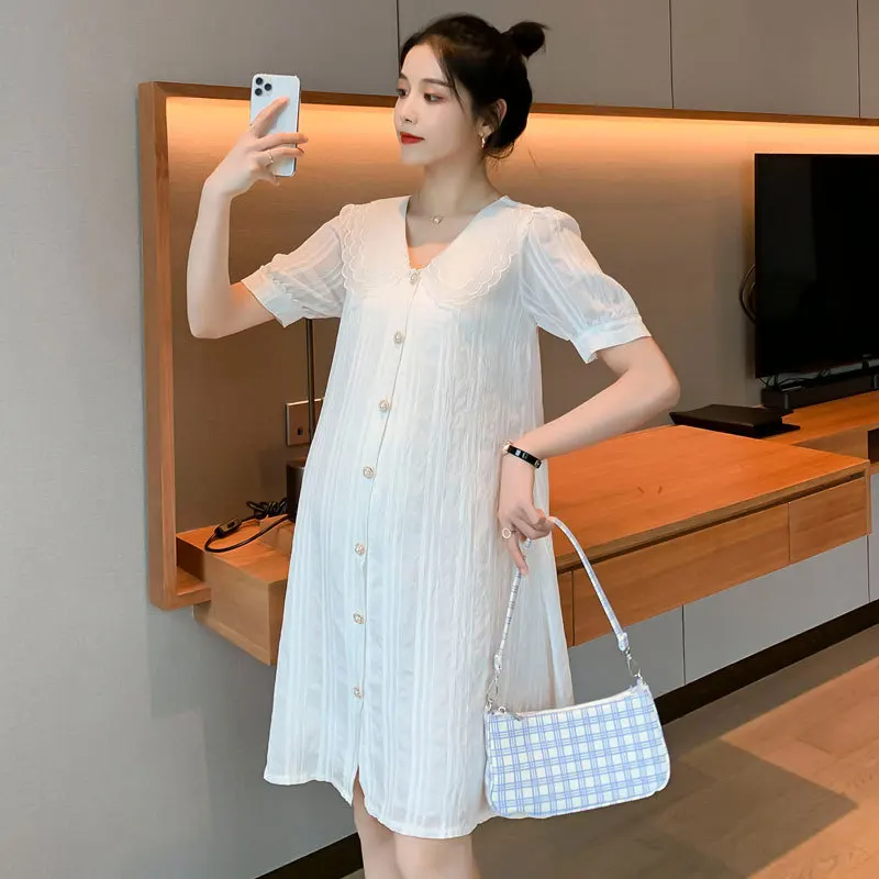 

Elegant Maternity Dress Summer New Peter Pan Collar Blouse Dress Sophisticated Lady Style Popular Shirt Dress for Pregnant Women
