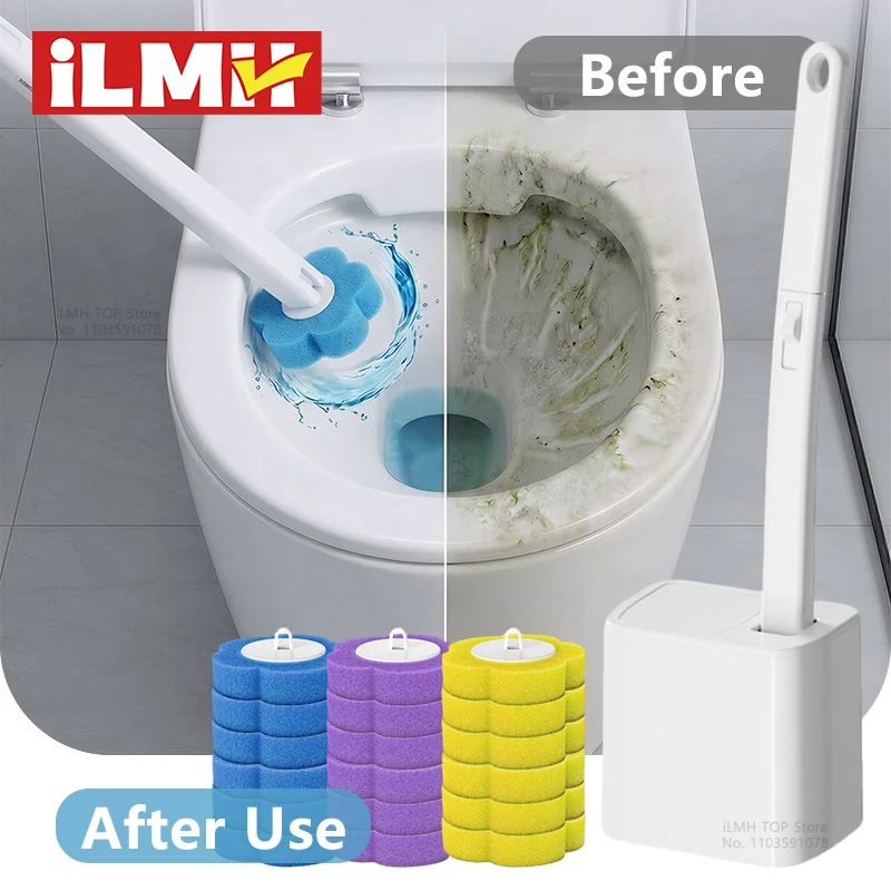 iLMH Toilet Brush & Holder Set with Disposable Refills Replacement Head Cleaning Kit Bathroom Cleaning Brush WC Accessories Tool