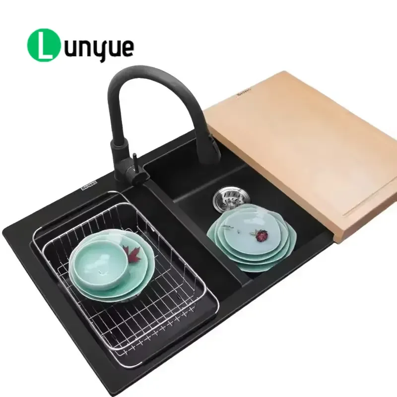 Black Quartz Granite Kitchen Sink Undermount Deep 3 Slot Double Bowl with Knife Holder Handcrafted Durable Stone Basin for