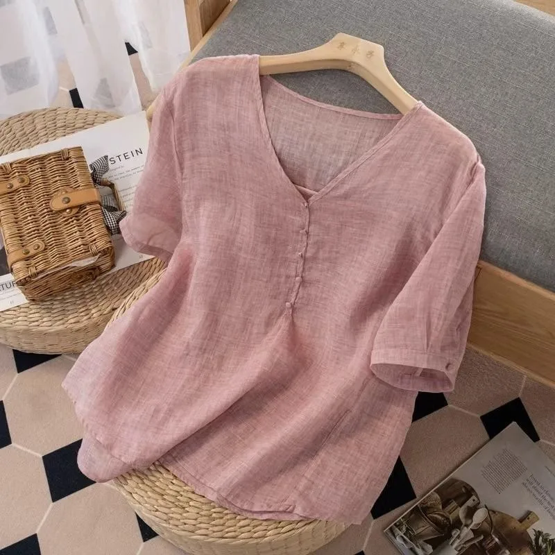 Women's Linen Blend V-Neck T-Shirt Short Sleeve Casual Loose Summer Top