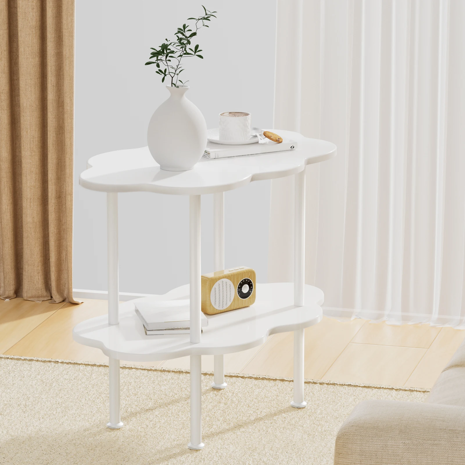 

2-Tier White Display Table Round Coffee Table Nightstand Sofa Side Flower Shaped Tea Table Modern Style End Table For Home Decor