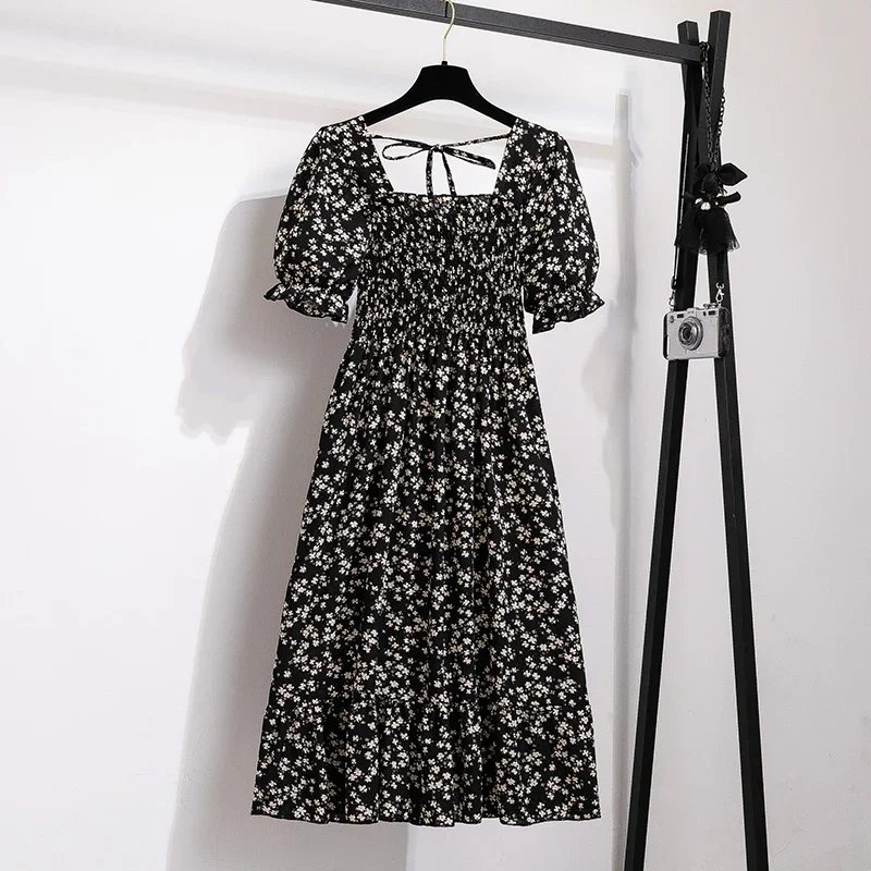 Vestido de gasa de primavera verano, moda femenina, cintura elástica, manga corta, plisado, casual para mujer, vestido en línea A 6