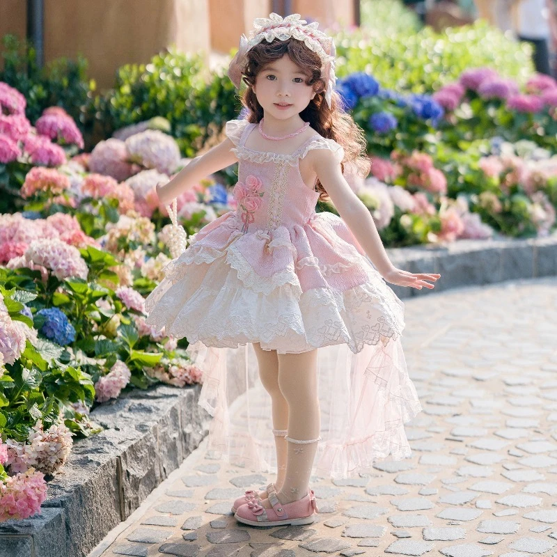 Girls Pink Rose Embroidery Kids Lolita Dress Ruffle Lace Tulle Skirt Big Back Bow Toddler Birthday Wedding Princess Party Outfit