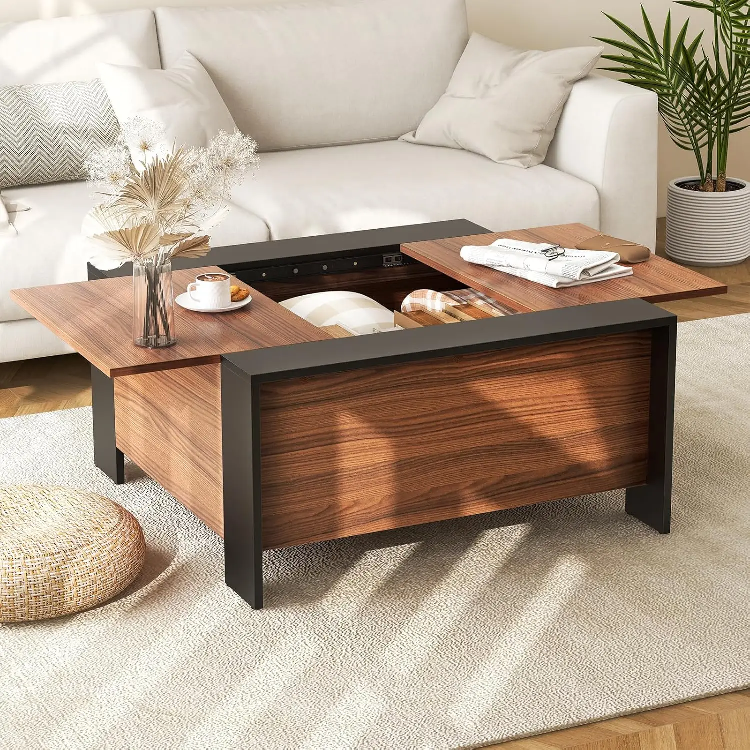 Square Farmhouse Coffee Table with Hidden Storage, Wood Center Table with Sliding Top, 5 Support Feet, Rustic Extendable