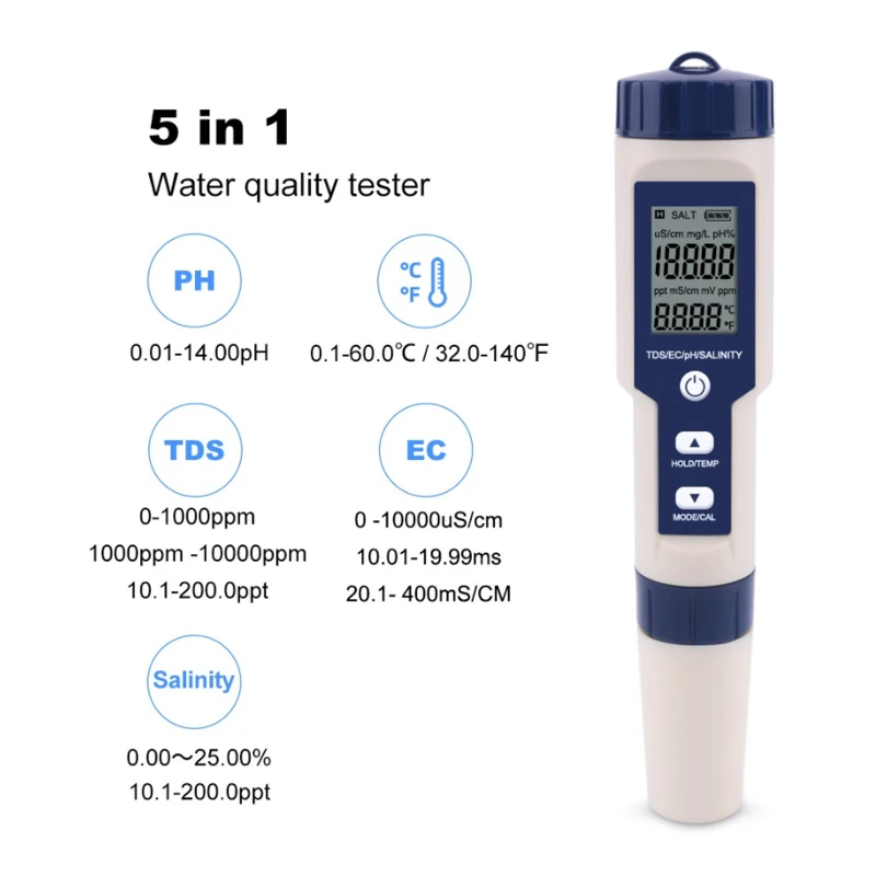 High Accurancy 5 in 1Water PH/TDS Meter Swimming Pool PH/EC/CF/TDS/Salinity Tester