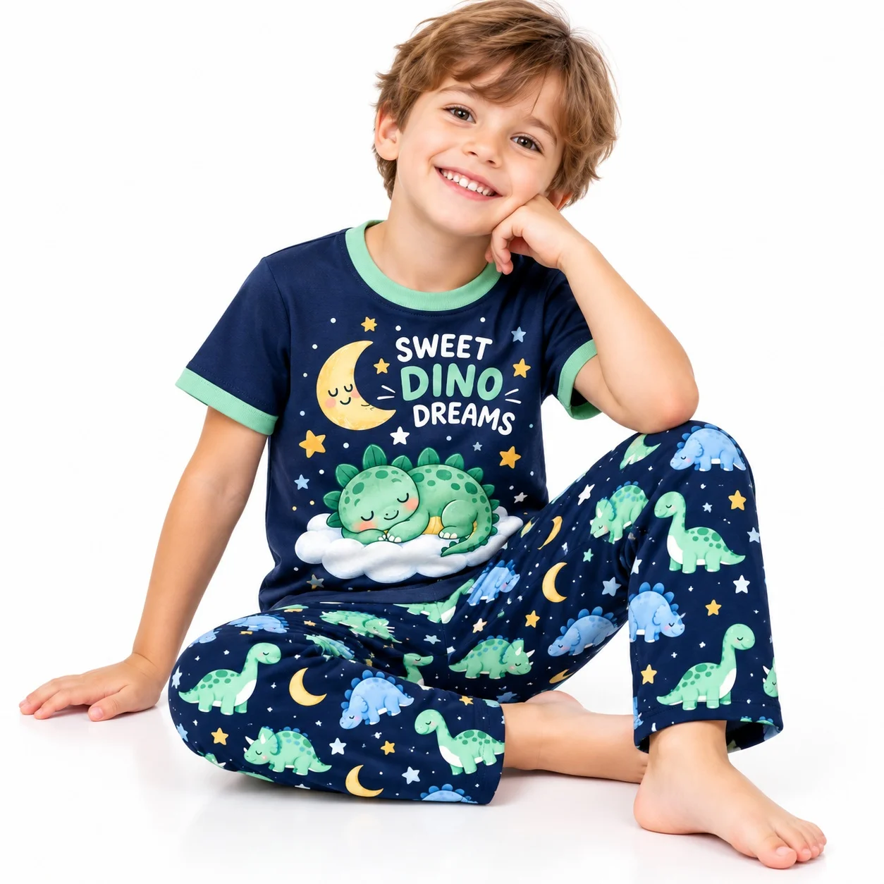 Kids Boys Girls Sweet Dino Dreams Outfit Set Sleeping Dinosaur Moon Star Print Short Sleeve T Shirt Long Pants Casual Clothes