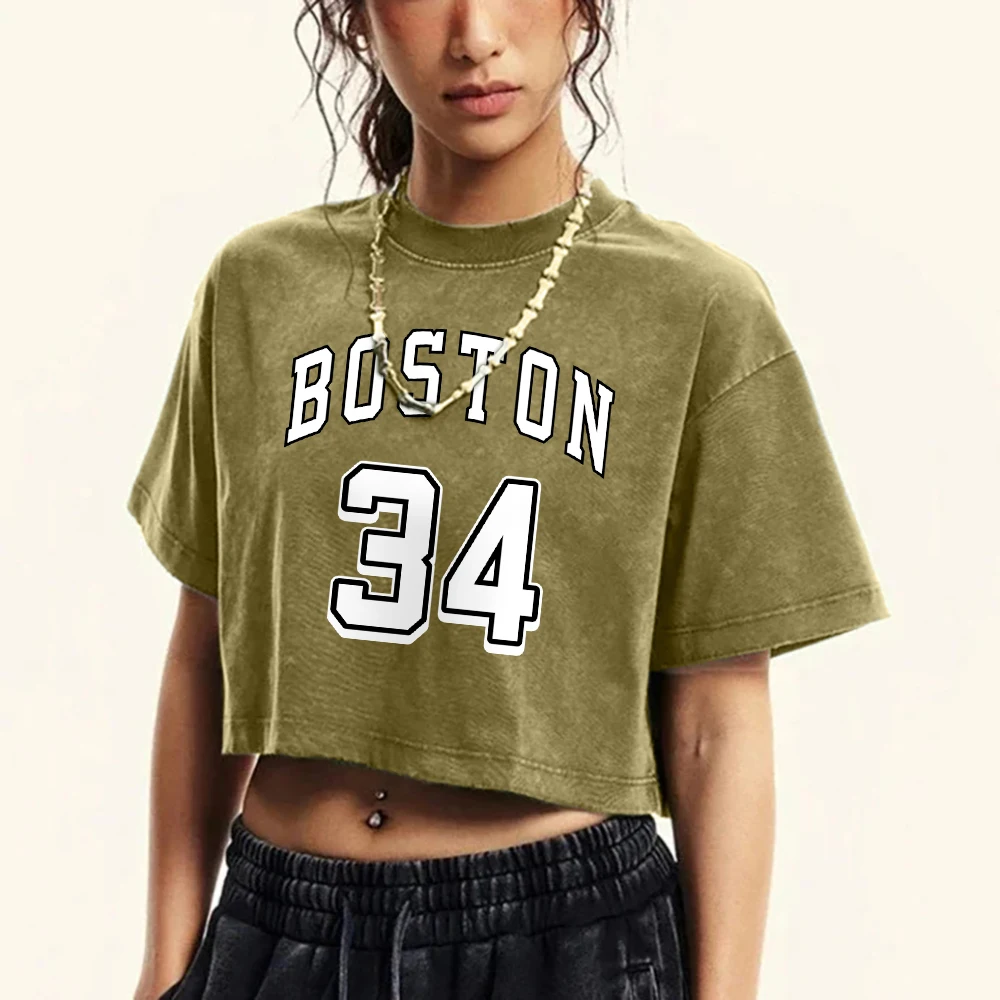 

Boston 34 Art Letter Printed Women Washed Crop T-Shirt Cotton Casual Tee Tops Street Hip Hop Short Sleeve Y2K Female T Shirts
