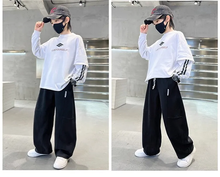 2026 Neue Frühlings-Freizeithose für Kinder, Schwarze Jogginghose mit Elastischem Bund und Geradem Bein für Jungen, Lockere Hose mit Taschen – Detail 6
