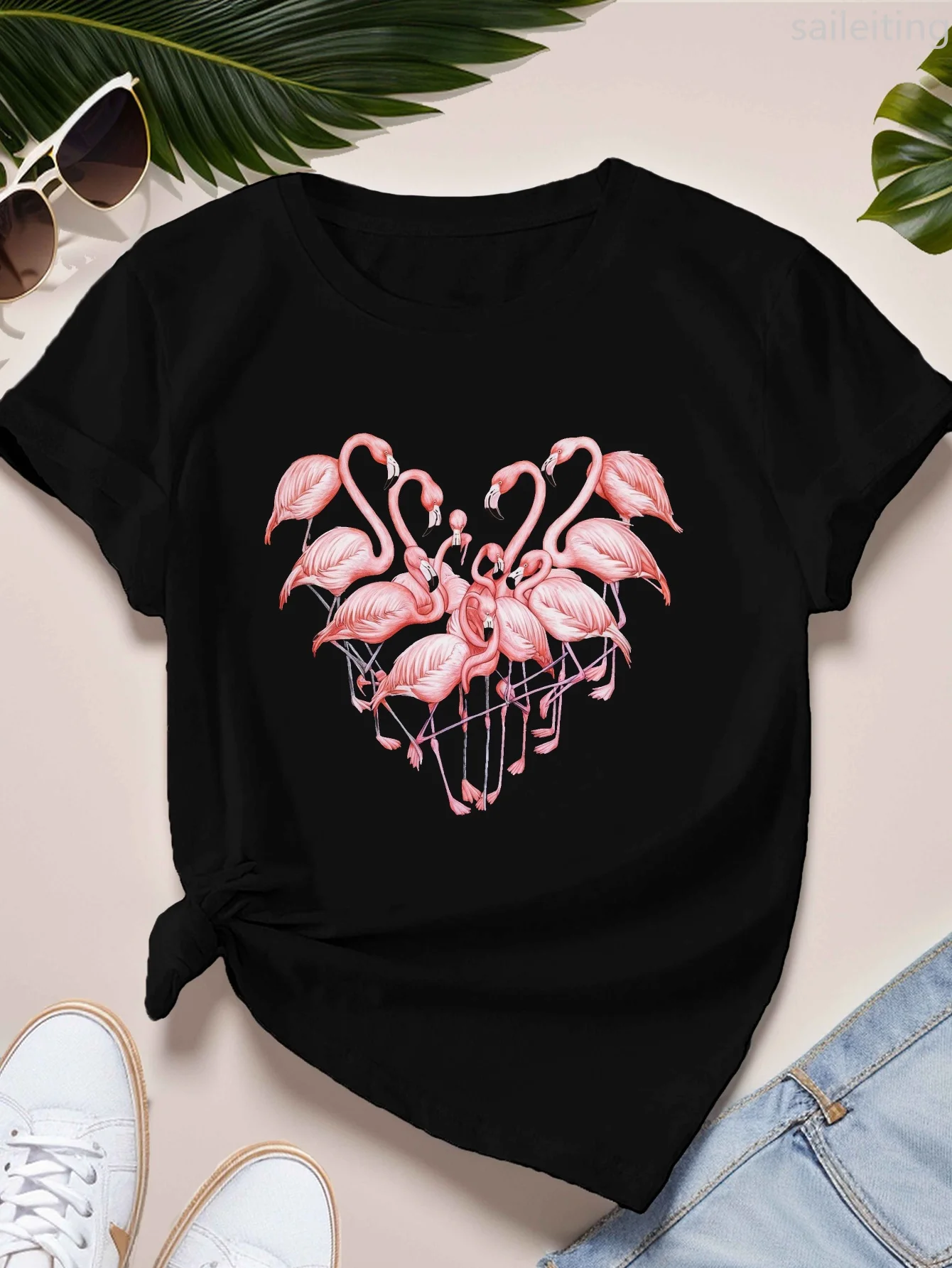 Flamingi Serce Damska Koszulka Sportowa z Krótkim Rękawem Harajuku Casualowa Damska Koszulka Ubrania Uliczne Top T-shirty Estetyczne Ubrania