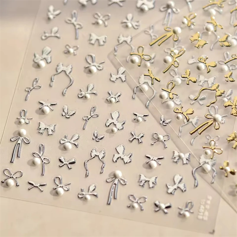 Simple Line Bowknot สีแดงทองเงินเลเซอร์สีชมพู Hot Stamping 3D Self กาวสติ๊กเกอร์เล็บเพิร์ล Rhinestone เล็บ Decals