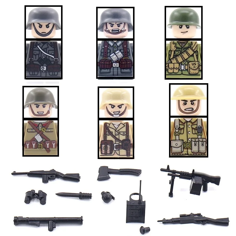 Soviet US UK Germany France Ww2 Soldier Military Weapon MOC Figures Building Blocks Mini Toys For Children Accessories Army Guns