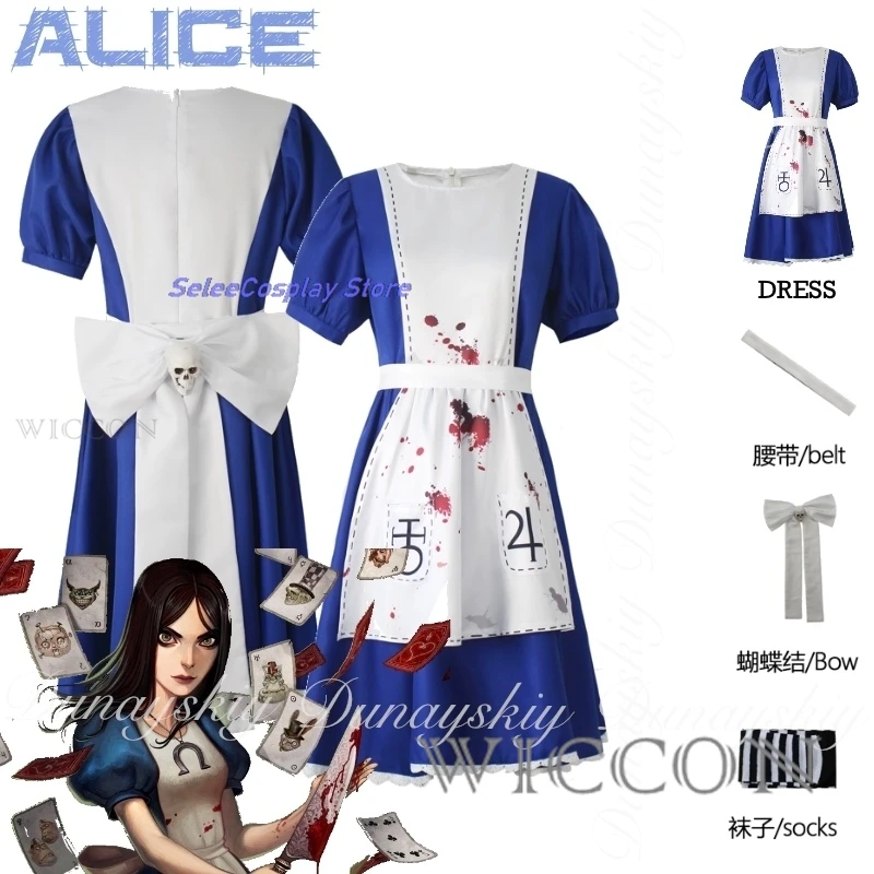 

Halloween Alice: Madness Returns Game Alice Cosplay With Long Black Wig With Women Carnival Uniforms