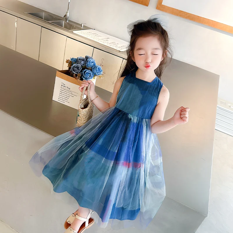 summer baby girl elegant blue gazue birthday dress Gradient Princess Dresses vestido infantil roupas femininas infantil de 12 13