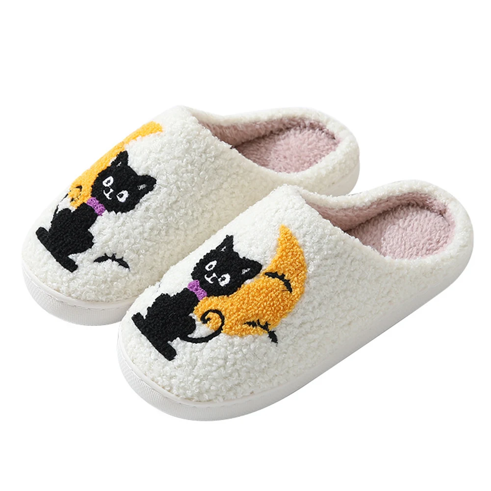 Halloween Cat Moon Slippers Plush Black Cat Slippers Anti Slip Cute Slip-on House Shoes Soft Fuzzy Animal Slippers for Men Women