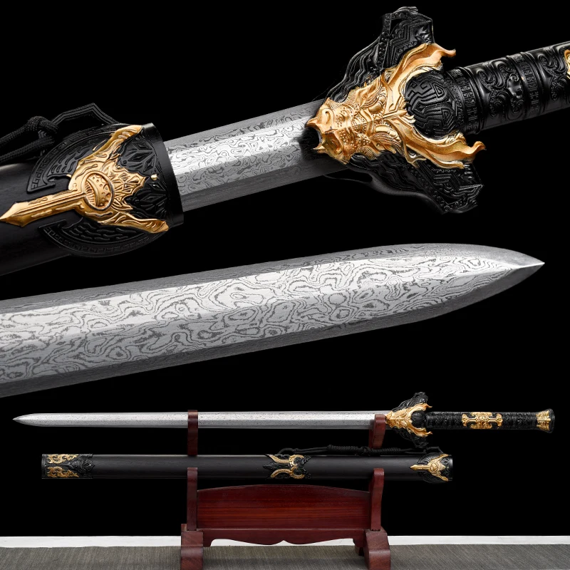 Chinese Jian Han Sword Folded Steel Blade Real Handmade Full Tang Sharp Ready Training Metal Handle Black Golden Dragon Katanas
