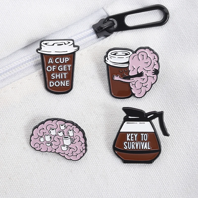 

Cartoon Coffee and Brain Enamel Pin Coffee is Key To Survival Brooches Collar Lapel Badge Jewelry Gifts for Coffee Lover Friends