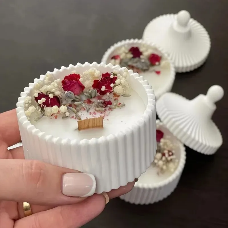 

2026 Latest Models 2Pcs Silicone Candle Jar Mold with Lid Round Stripe for Jewelry Box Storage Concrete Plaster Mould Making