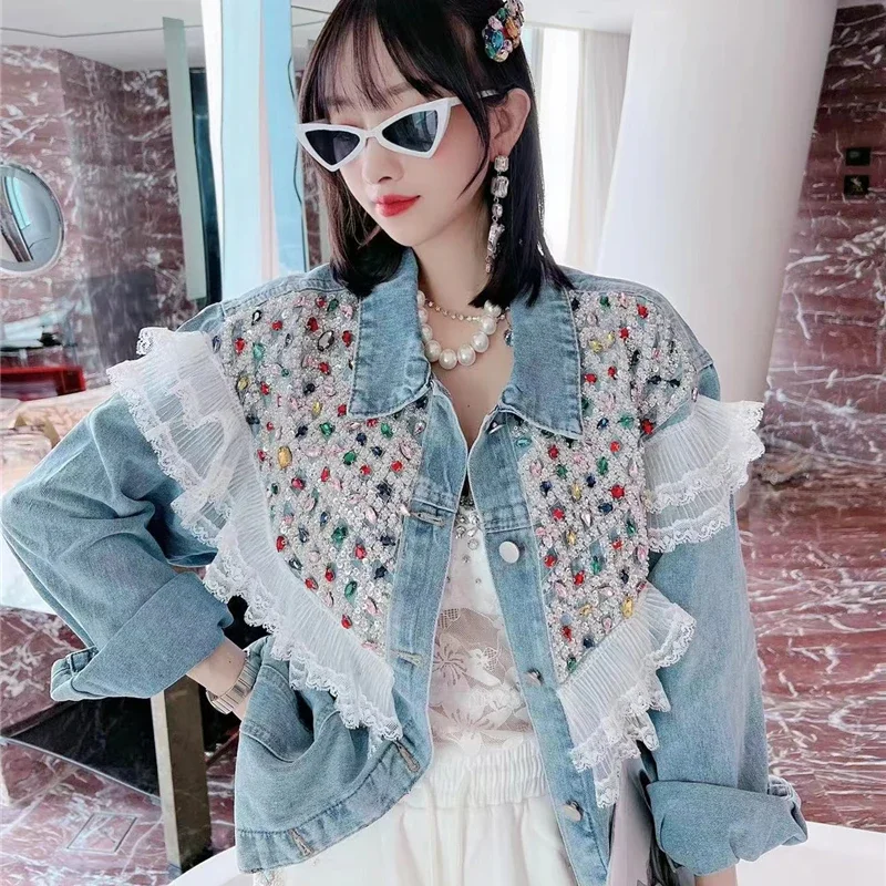 Luxury Women's Diamonds Beaded Denim Shirts Lace Stitching Ruffles Blouses OL Single Breasted Pleated Rhinestones Cardigan Tops