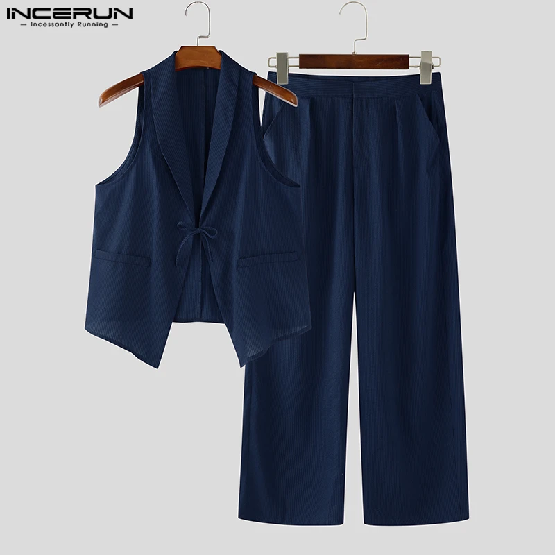 

INCERUN мужские комплекты однотонные полосатые жилеты без рукавов с лацканами и брюки комплекты из двух предметов уличная одежда 2025 модные мужские повседневные костюмы