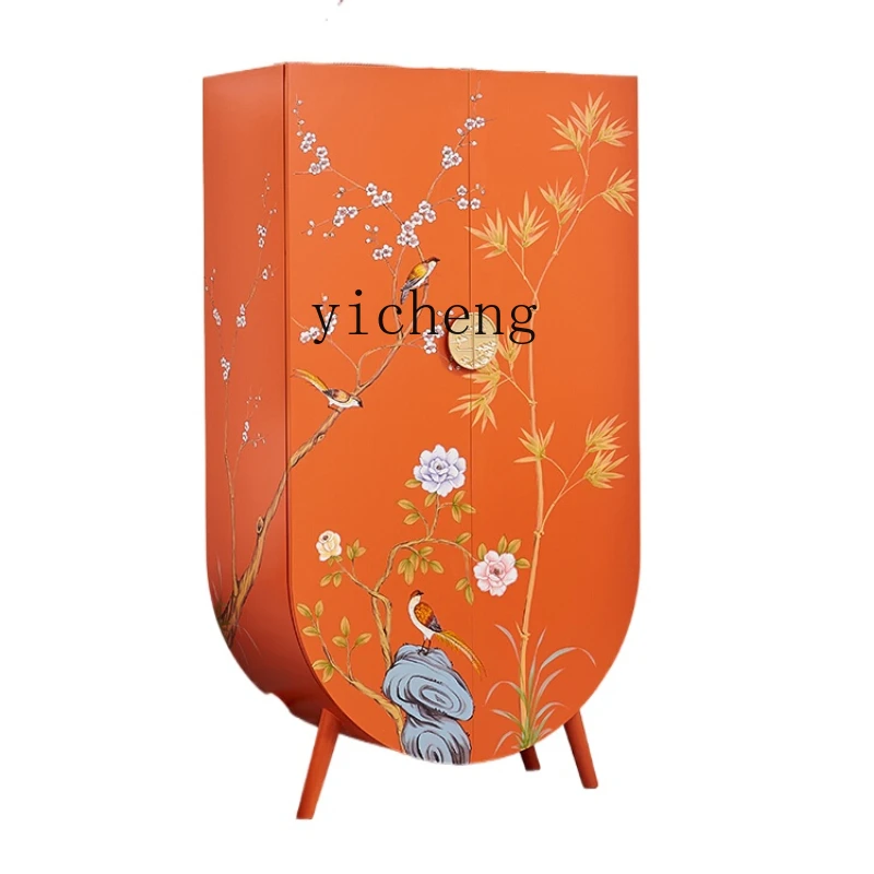 

ZC New Chinese Style Living Room Decoration Clothes Closet Bedroom Storage Orange Hand Painted Side Cabinet