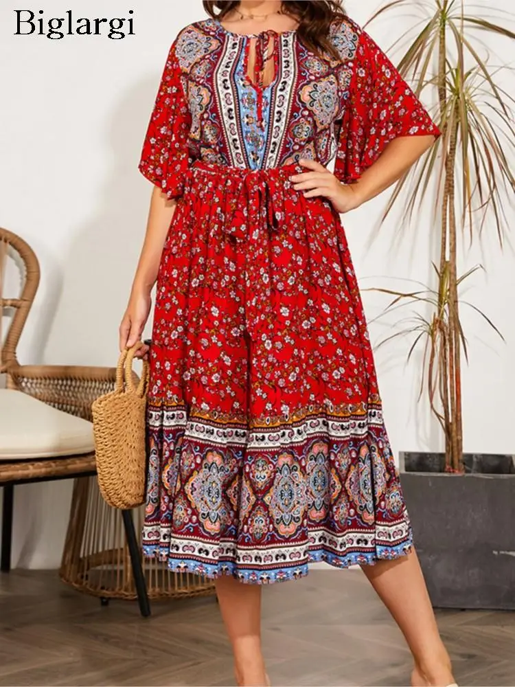 

Plus Size Summer Long Dress Women Floral Ethnic Style Striped Print Casual Ladies Dresses Ruffle Fashion Woman Dress 2023