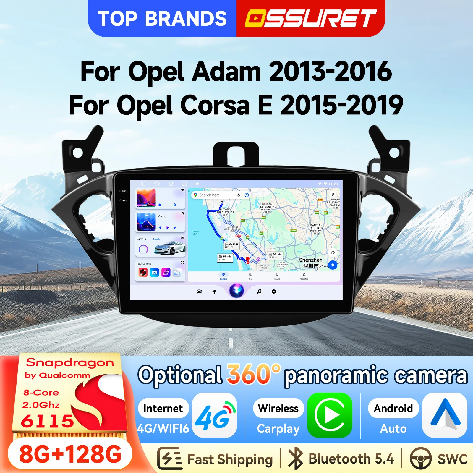 OSSURET Schneller Versand 9 Zoll 2 Din Android 14 mit Qualcomm Snapdragon 6115 Octa Core Autoradio für Opel Adam 2013-2016/Corsa E 2015-2019 Haupteinheit Wireless Carplay Android Auto DSP Audio SWC